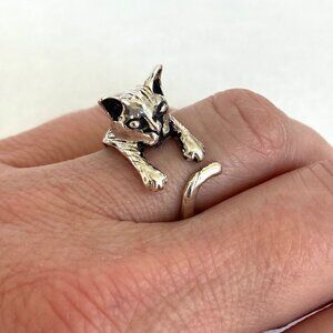 Sterling Silver 925 Adjustable 3D Cat Kitten Animal Wide Band Bypass Ring Sz 6